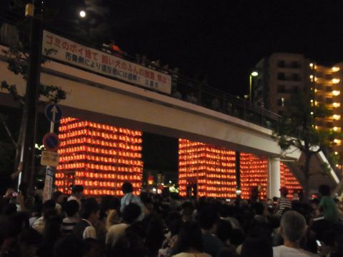 久喜の提灯祭り・天王様　歩道橋の上も下も大混雑。