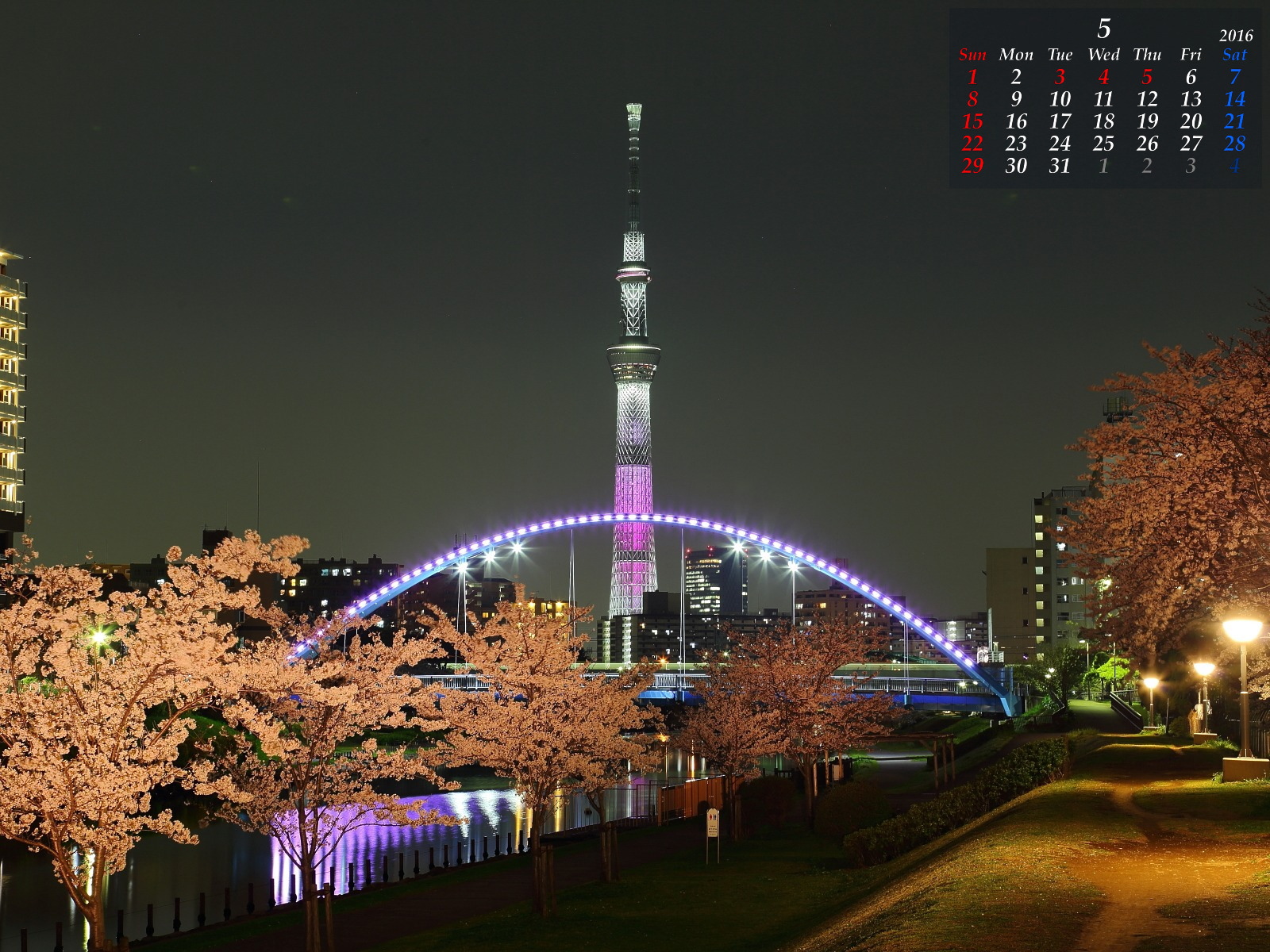 東京写真館 16年5月 壁紙カレンダー 夜桜 夕景 朝焼け